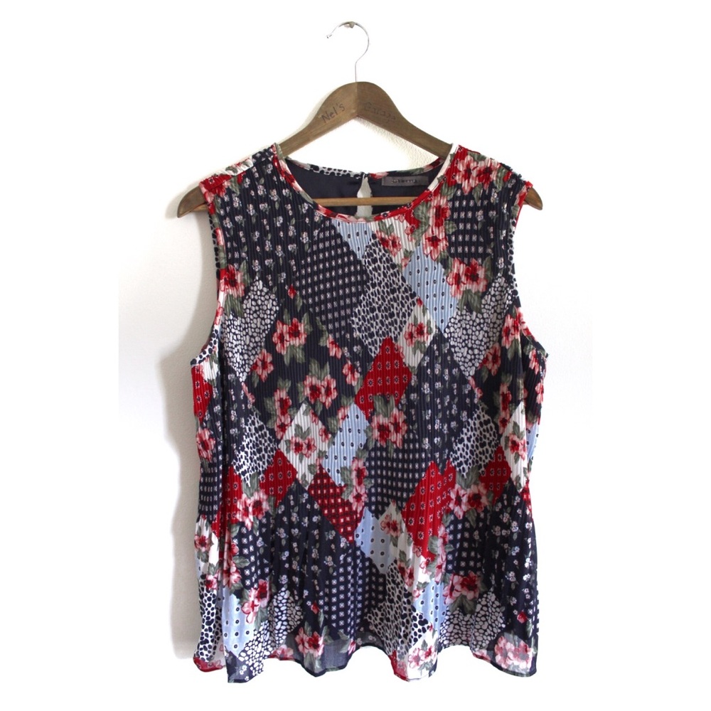 Suzy Shier Multi Pattern Patchwork Pleated Sleeveless Top Large Preowned